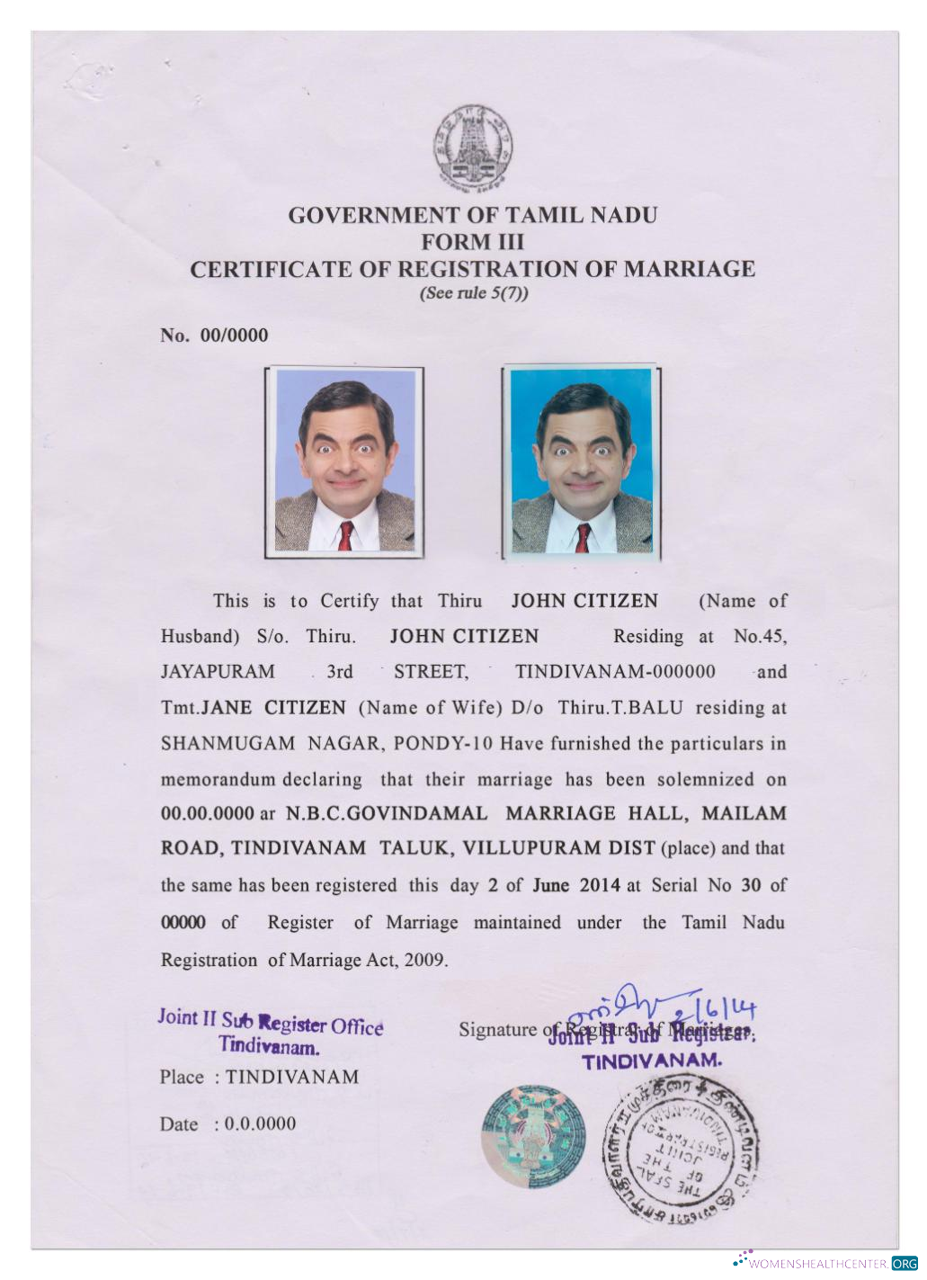 Download INDIA (TAMIL NADU) marriage certificate Photoshop template